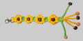A handmade macrame keychain featuring four yellow and green sunflower motifs with brown centers, a silver lobster clasp at the top, and five dangling yellow and green cords with beads at the bottom, displayed on a light gray background.